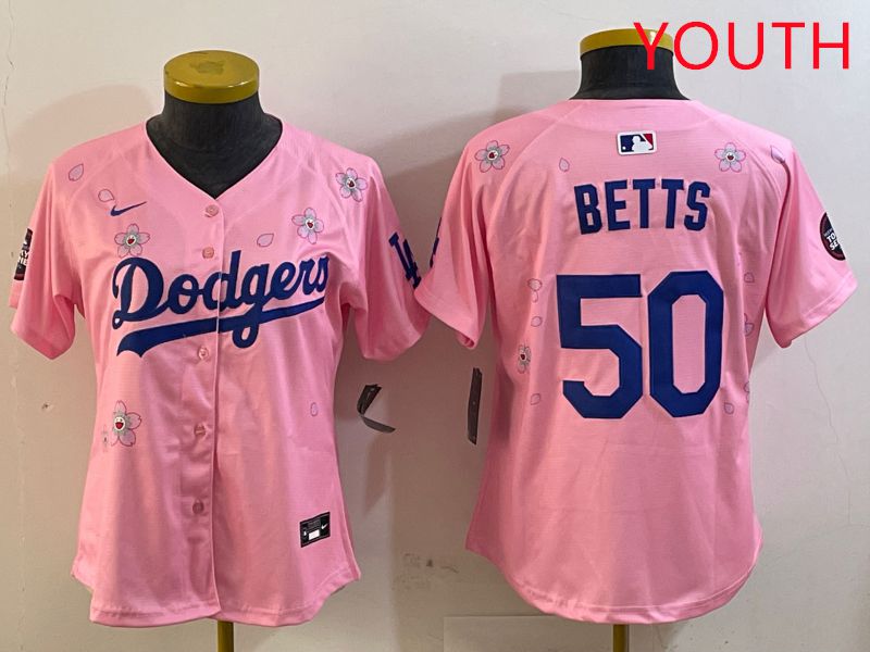 Youth Los Angeles Dodgers #50 Betts Pink Sakura Edition 2025 Nike MLB Jersey style 1->youth mlb jersey->Youth Jersey